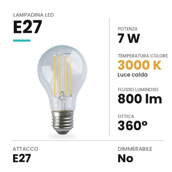 Lampadina led e27 a goccia a filamento 7w 3000k trasparente