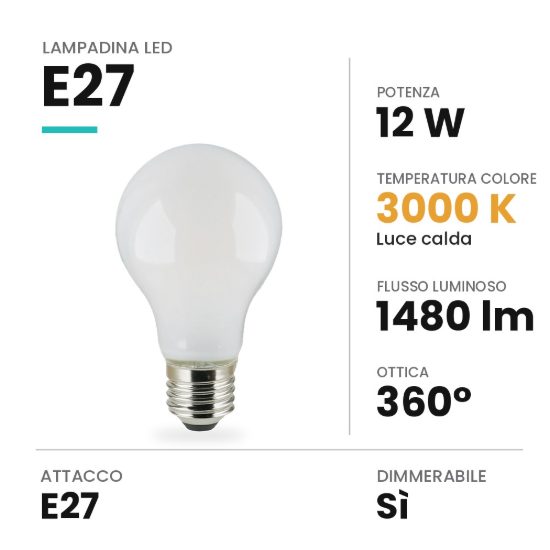 Lampadina led e27 a goccia opale 12w 3000k dimmerabile bianca