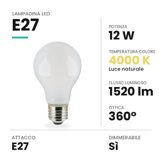 Lampadina led e27 a goccia opale 12w 4000k dimmerabile bianca