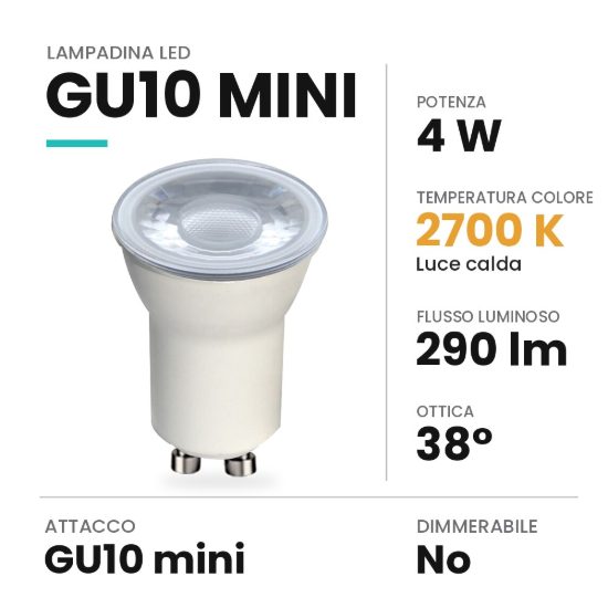 Lampadina led gu10 mini spot 35mm 4w 2700k bianca