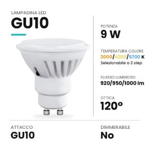 Lampadina led gu10 spot 9w cct 3000k 4200k 5700k bianca