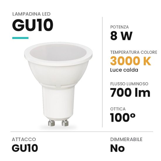 Lampadina led gu10 spot 8w 3000k fascio 100° bianca