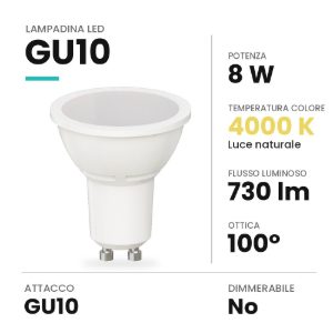 Lampadina led gu10 spot 8w 4000k fascio 100° bianca