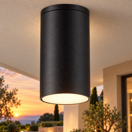 Faretto da esterno soffitto moderno nero vetro ip54 gu10 11cm