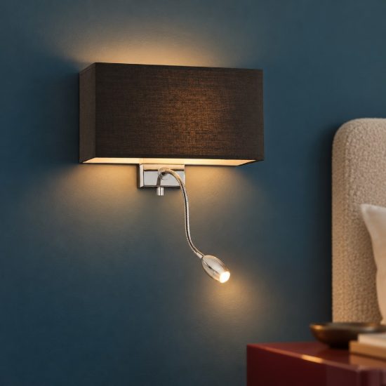 Ideal lux hotel applique con paralume e faretto led 1,5w per comodino moderna nera e cromo