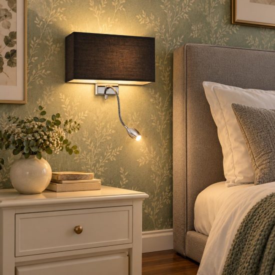 Ideal lux hotel applique con paralume e faretto led 1,5w per comodino moderna nera e cromo