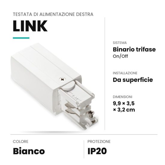 Ideal lux link testata di alimentazione destra per binario trifase da superficie on-off bianca
