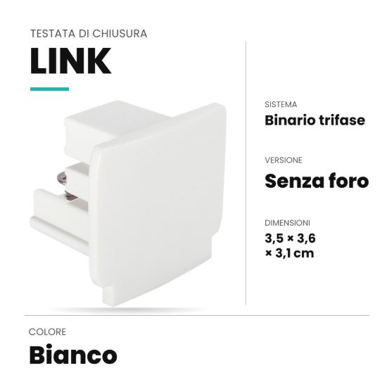 Ideal lux link testata di chiusura senza foro per binario trifase bianca