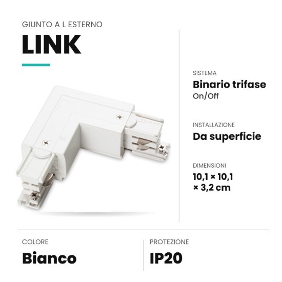 Ideal lux link giunto a l esterno per binario trifase da superficie on-off bianco
