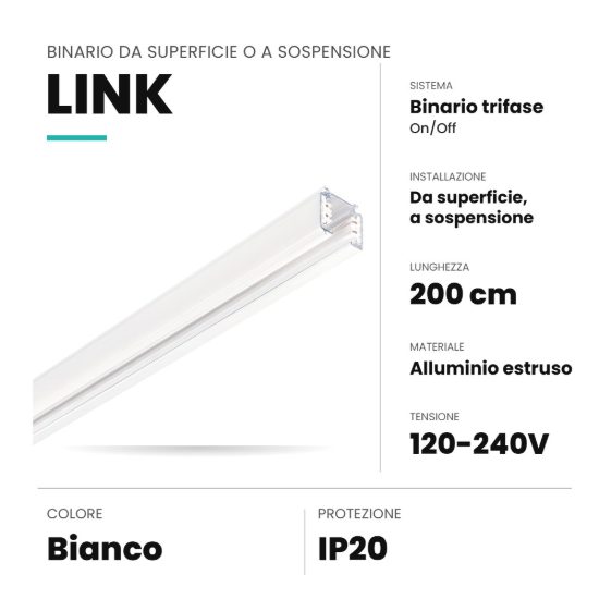 Ideal lux link binario trifase da superficie o a sospensione 2m on-off bianco
