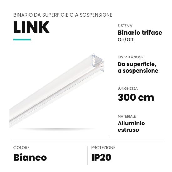 Ideal lux link binario trifase da superficie o a sospensione 3m on-off bianco