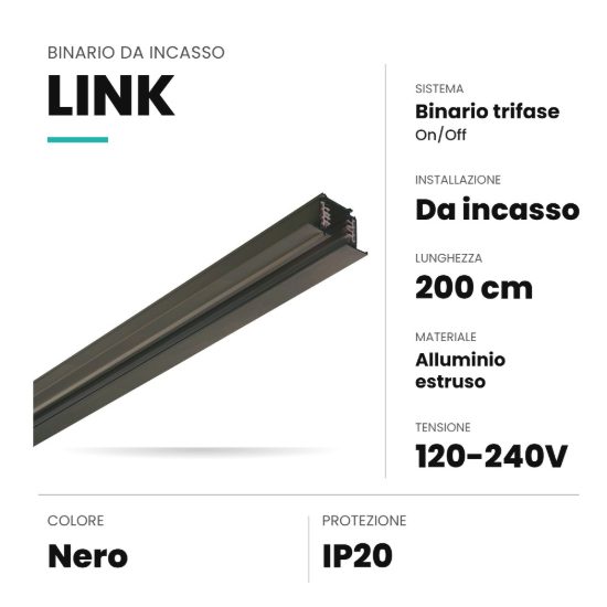 Ideal lux link binario trifase da incasso 2m on-off nero