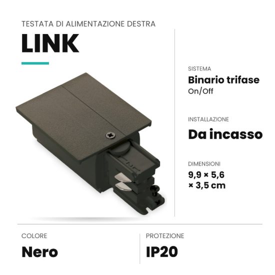 Ideal lux link testata di alimentazione destra per binario trifase da incasso on-off nera