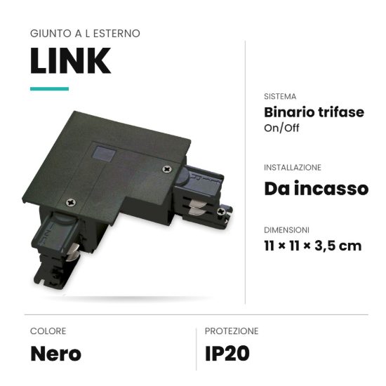 Ideal lux link giunto a l esterno per binario trifase da incasso on-off nero