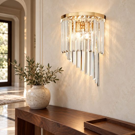 Ideal lux carlton applique 3 luci e14 30cm per soggiorno classica oro con pendenti