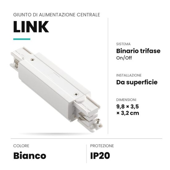 Ideal lux link giunto di alimentazione centrale per binario trifase da superficie on-off bianco