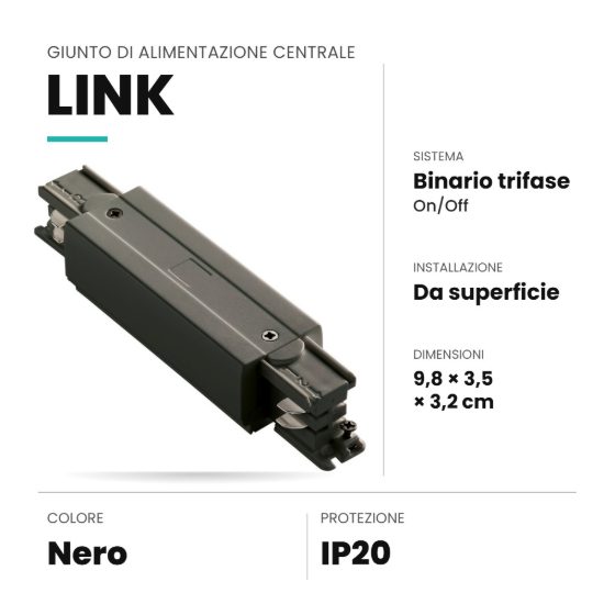 Ideal lux link giunto di alimentazione centrale per binario trifase da superficie on-off nero