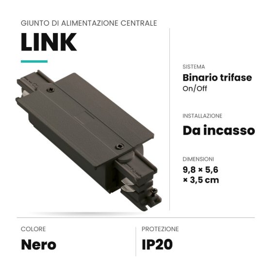 Ideal lux link giunto di alimentazione centrale per binario trifase da incasso on-off nero