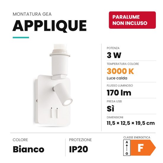 Ideal lux gea applique per comodino camera da letto led 3w 3000k con presa usb senza paralume bianca