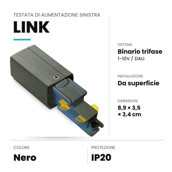 Ideal lux link testata di alimentazione sinistra per binario trifase da superficie dali/1-10v nera