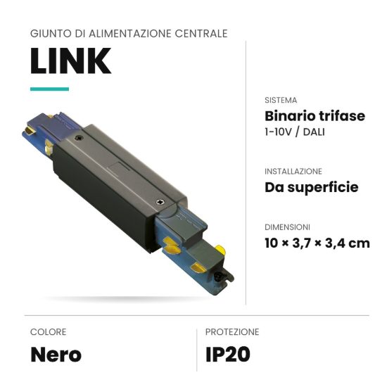 Ideal lux link giunto di alimentazione centrale per binario trifase da superficie dali/1-10v nero