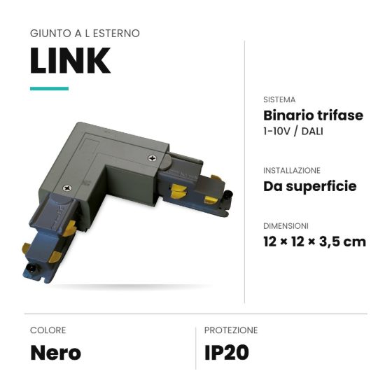 Ideal lux link giunto a l esterno per binario trifase da superficie dali/1-10v nero