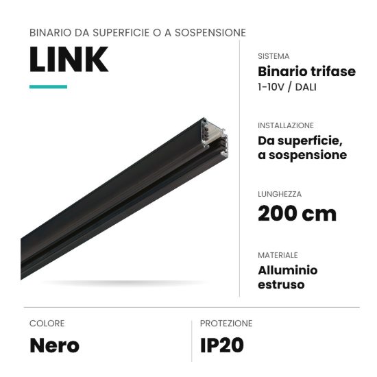 Ideal lux link binario trifase da superficie o a sospensione 2m dali/1-10v nero