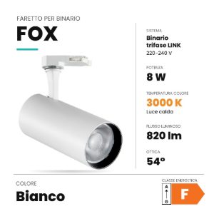 Ideal lux fox faretto per binario trifase orientabile led 8w 3000k resa cromatica standard bianco