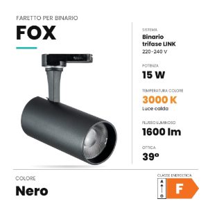 Ideal lux fox faretto per binario trifase orientabile led 15w 3000k resa cromatica standard nero
