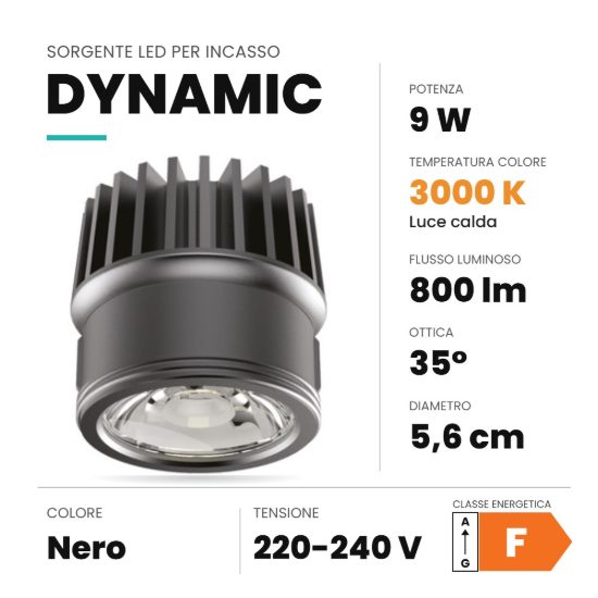 Ideal lux dynamic sorgente led per faretti da incasso 9w 3000k 5,6cm nero