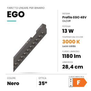 Ideal lux ego accent faretto lineare per binario led 13w 3000k 28,4cm on-off nero