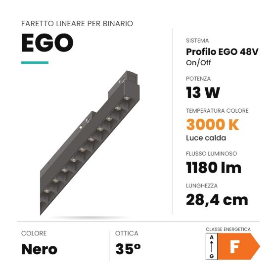 Ideal lux ego accent faretto lineare per binario led 13w 3000k 28,4cm on-off nero