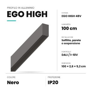 Ideal lux ego binario da soffitto, parete o sospensione high 48v 1m dali/1-10v nero