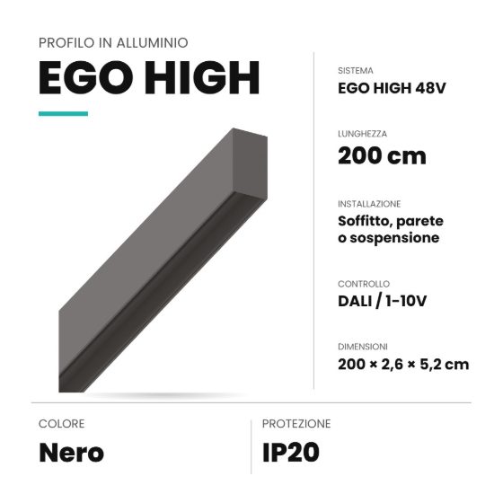 Ideal lux ego binario da soffitto, parete o sospensione high 48v 2m dali/1-10v nero