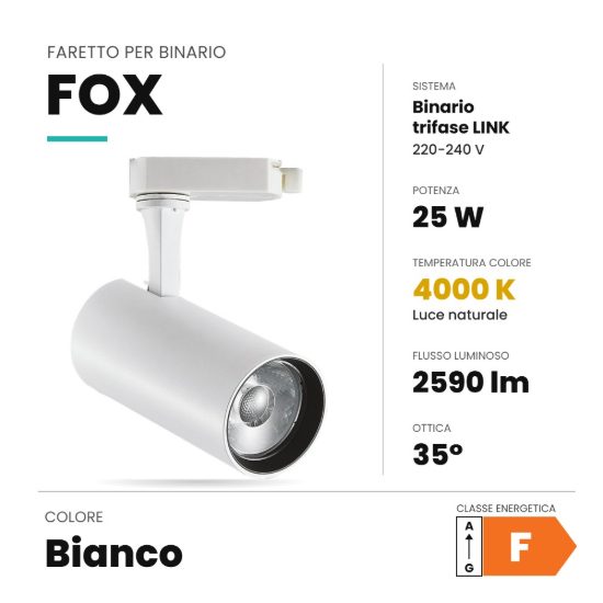 Ideal lux fox faretto per binario trifase orientabile led 25w 4000k resa cromatica standard bianco