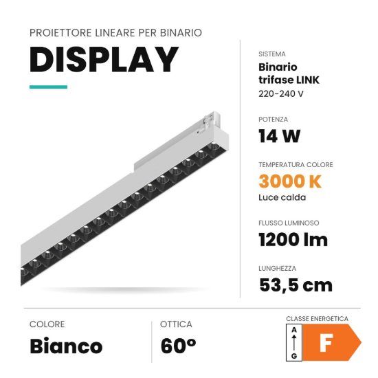 Ideal lux display lineare per binario trifase led 14w 3000k 53,5cm fascio stretto bianco