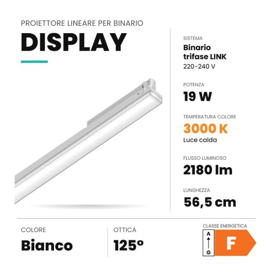 Ideal lux display lineare per binario trifase led 19w 3000k 56,5cm fascio largo bianco
