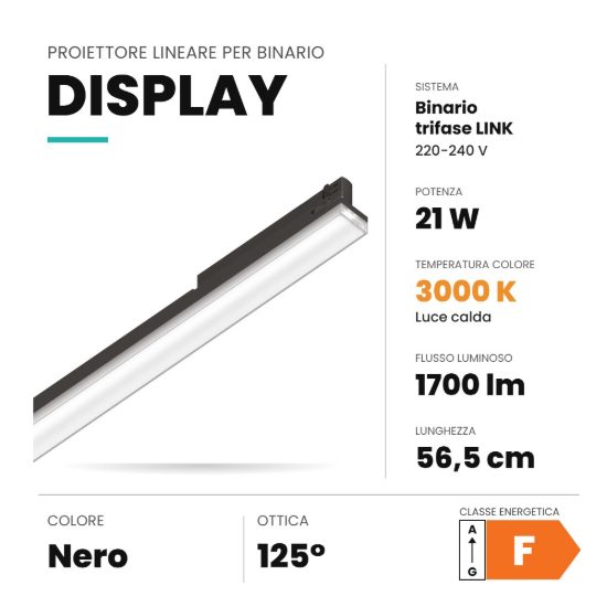 Ideal lux display lineare per binario trifase led 21w 3000k 56,5cm fascio largo nero