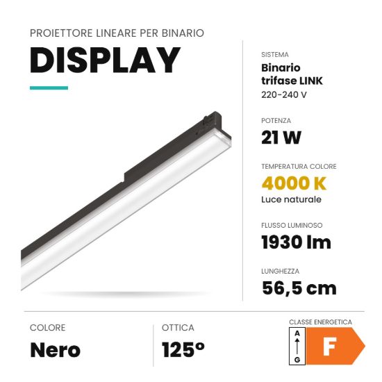 Ideal lux display lineare per binario trifase led 21w 4000k 56,5cm fascio largo nero