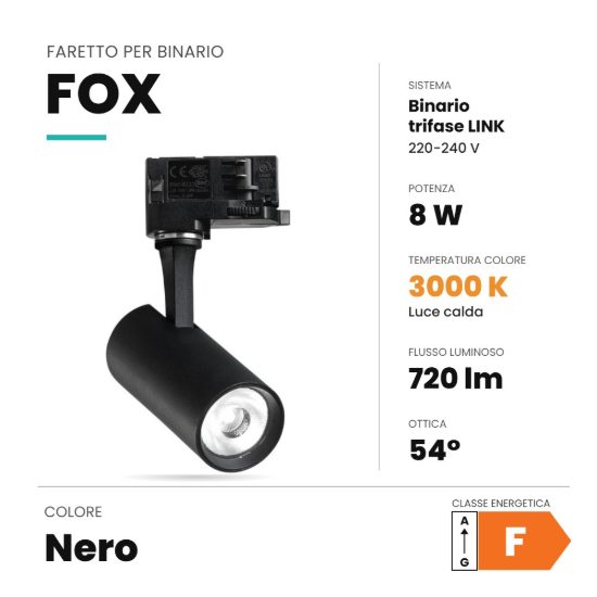Ideal lux fox faretto per binario trifase orientabile led 8w 3000k alta resa cromatica nero