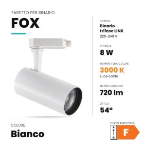 Ideal lux fox faretto per binario trifase orientabile led 8w 3000k alta resa cromatica bianco