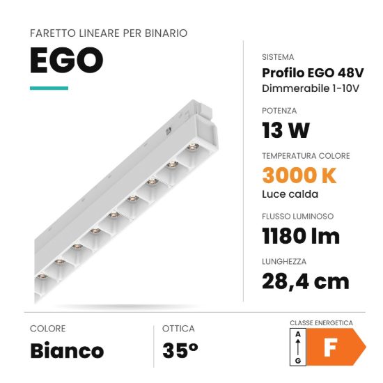 Ideal lux ego accent faretto lineare per binario led 13w 3000k 28,4cm 1-10v bianco