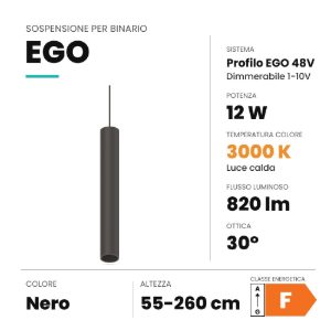 Ideal lux ego pendant tube lampada a sospensione per binario led 12w 3000k 4cm 1-10v nera