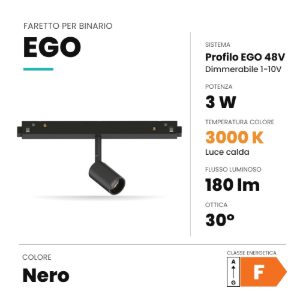 Ideal lux ego faretto per binario 48v orientabile led 3w 3000k 1-10v nero