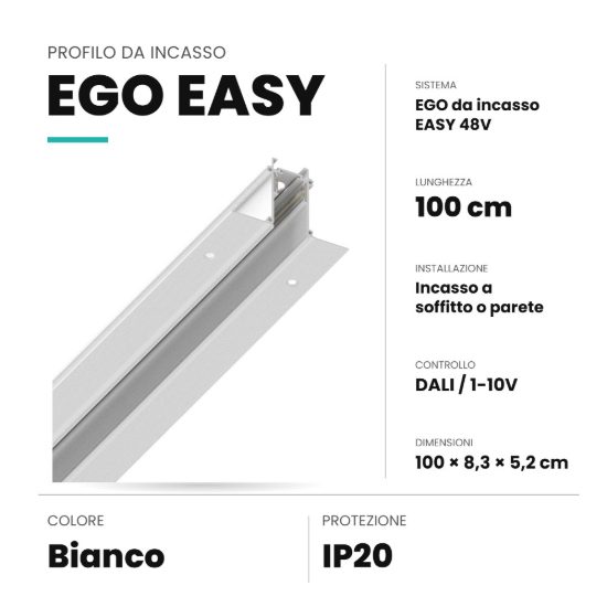 Ideal lux ego binario da incasso easy 48v 1m dali/1-10v bianco