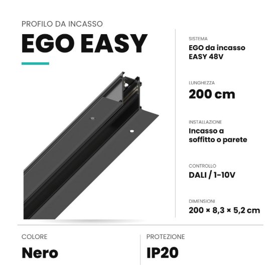 Ideal lux ego binario da incasso easy 48v 2m dali/1-10v nero