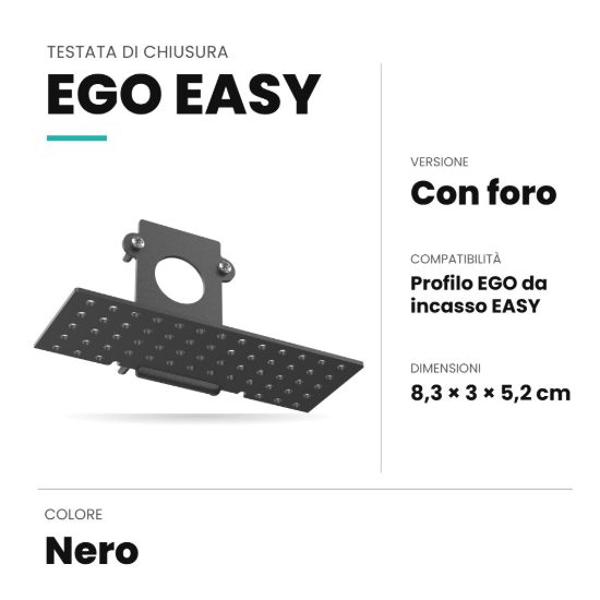 Ideal lux ego testata di chiusura con foro per binario da incasso easy nera
