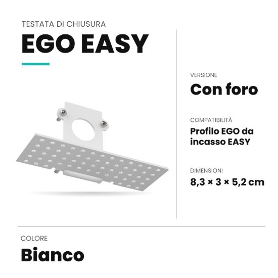 Ideal lux ego testata di chiusura con foro per binario da incasso easy bianca