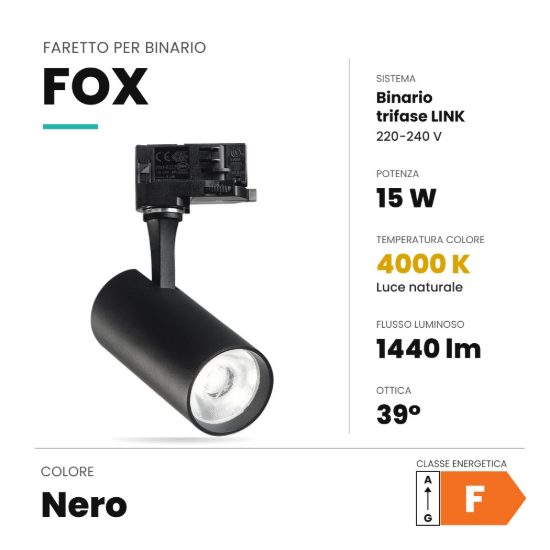 Ideal lux fox faretto per binario trifase orientabile led 15w 4000k alta resa cromatica nero