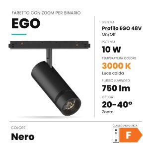 Ideal lux ego faretto per binario 48v orientabile con zoom led 10w 3000k nero